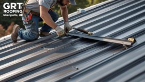 A GRT Roofing team member repairs a metal roof, showing the companys work in Strongsville, OH.