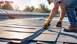 A worker installs shingles during routine roof maintenance for GRT Roofing. The scene highlights professional service and attention to safety.