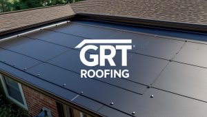 The image shows a house with a flat metal roof, showing GRT Roofing’s skill in roof repair. The GRT Roofing logo is shown clearly.