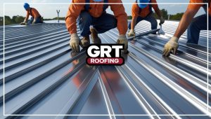 GRT Roofing workers install new metal panels on a building roof, showing careful teamwork and skill.