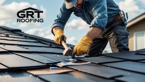 A worker repairs a roof to fix leaks, showing that GRT Roofing helps keep homes dry and safe.