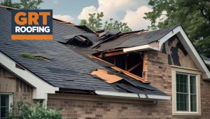 A house with a damaged roof needs repair after a storm. The GRT Roofing logo is shown.
